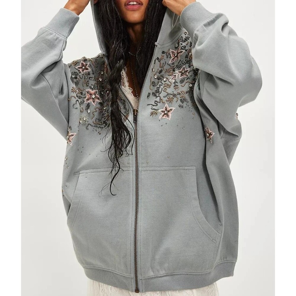 Free People Glitter Oversized Hoodie Top Embellished Embroidered Cotton L 290931